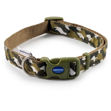 An Ancol Dog collar in green, brown & white combat colour design, with a green plastic clasp. The word Ancol is written on the clasp in blue and white.