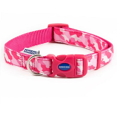 An Ancol Dog collar in pink & white combat colour design, with a pink plastic clasp. The word Ancol is written on the clasp in blue and white.