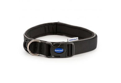 A black padded Ancol Extreme Shock dog collar with a black plastic clasp with Ancol written on it in white.
