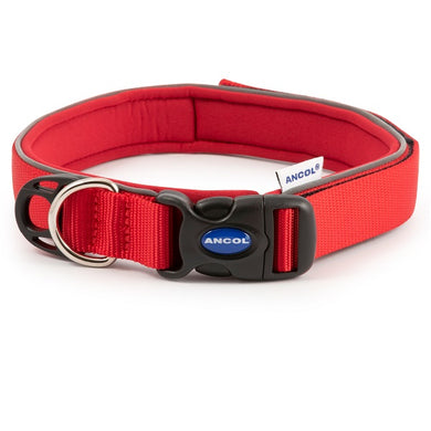 A red padded Ancol Extreme Shock dog collar with a black plastic clasp with Ancol written on it in white.