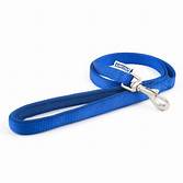 A bright blue Ancol dog lead with a padded handle and silver colour clasp.