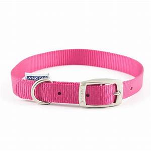 A pink canvas effect Ancol dog collar in bright pink, with a silver coloured buckle.