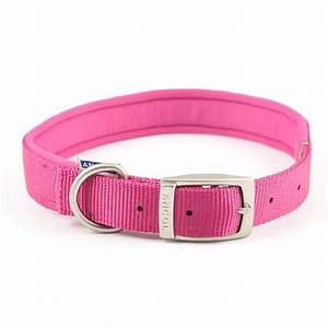 A bright pink Ancol dog collar, with padding inside and a silver coloured buckle.