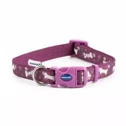 A purple Ancol dog collar with white bones on it and a purple clasp.