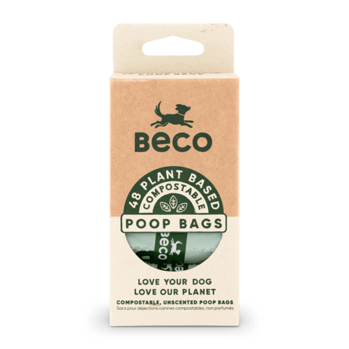 A beige and brown rectangular box, with BECO and a leaping dog in green, There is a small window half way down, showing the compostable poop bags behind it.