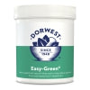 A white plastic tub with the word Dorwest written in an arc at the tob in blue and a blue pestle and mortar below. The bottom half of the label is bright green and the words Easy Green are written in white.