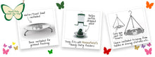 Load image into Gallery viewer, Three descriptive boxes, showing the Honeyfields silver coloured bird feeder, and cartoon butterflies around it.