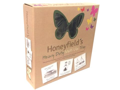 A brown square box with a butterfly clear window and Honeyfield's written in dark brown.