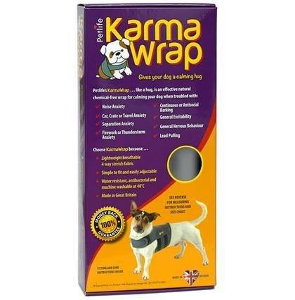 A tall rectangular slim box. It is purple at the top, and Karma Wrap is written in yellow. The bottom of the box is yellow with a small dog wearing a Karma Wrap.