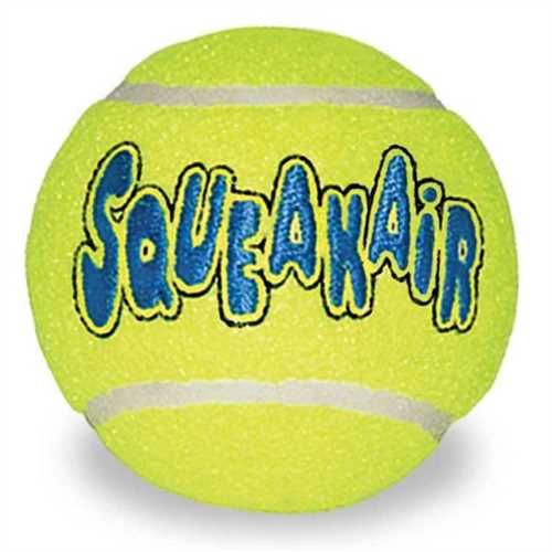 A yellow Kong tennis ball with the word Squeakair written in blue along its middle.