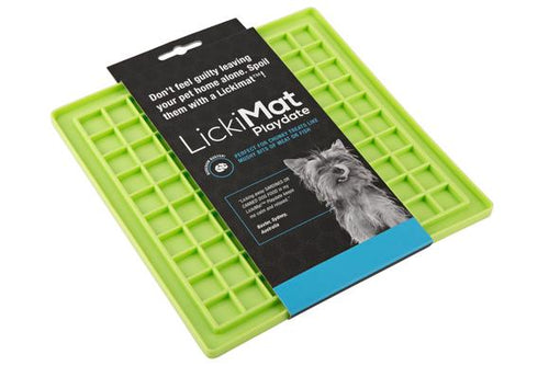 A bright green square mat, with raised smaller squares within. There is a black label surrounding it with Lickimat Playdate written in white, and a small grey dog in the corner.