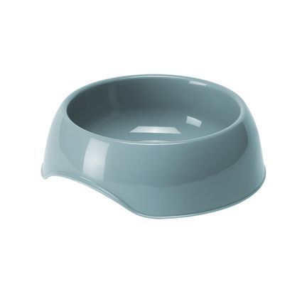 A mid blue, round dog bowl against a white background.