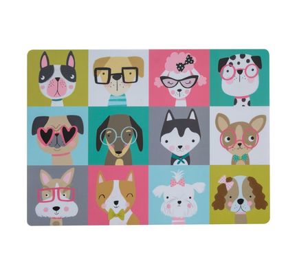 A large rectangular shaped mat, with cartoon pictures of dogs in separate squares.