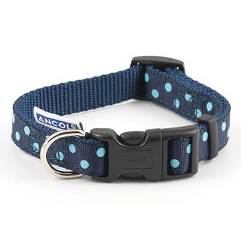 A navy blue Ancol collar with pale blue polka dots, and a black plastic clasp.