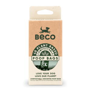 A beige and brown rectangular box, with BECO and a leaping dog in green, There is a small window half way down, showing the compostable poop bags behind it.