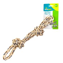 A knotted rope dog toy, with a knot on either end, and two looped rope handles. The rope is in various shades of brown. The attached label is green, yellow, blue & white with Duo Knot Rope written in white.