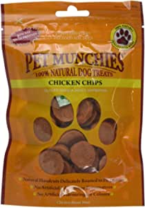 An orange packet with Pet Munchie's written in red at the top, and a paw shaped clear window showing the round chicken chips behind it.