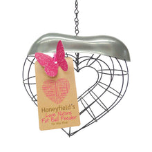 Load image into Gallery viewer, A heart shaped wire cage, with a silver coloured top and a brown label with a pink butterfly.
