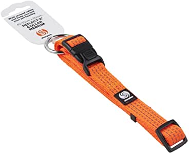 A bright orange Sharples dog collar with a black plastic clasp. The attached label is white with Reflect A Collar written in black.