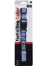 A blue & white striped dog collar mounted on a black, red and white display cared. Fash 'n' Cise is written in black.