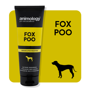 A yellow square background with the silhoette of a dog in the bottom right corner. There is a black and yellow tube of Animolgy Fox Poo Shampoo against the background.