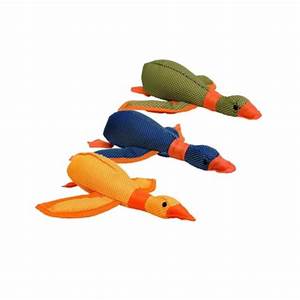 A row of three Happy Pets Dazzle Duck shaped dog toys. One in green & orange, one in blue & orange, and one in yellow & orange.