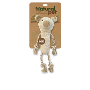 A pig dog toy in beige, with a long body and twised rope legs. It is displayed on a brown care with Natural Pet written red & brown.