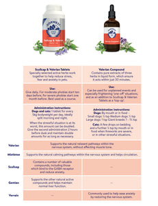 A bottle of Scullcap & Valerian tablets alongside a bottle of Valerian compund. Underneath both products is a usage & comparison chart.